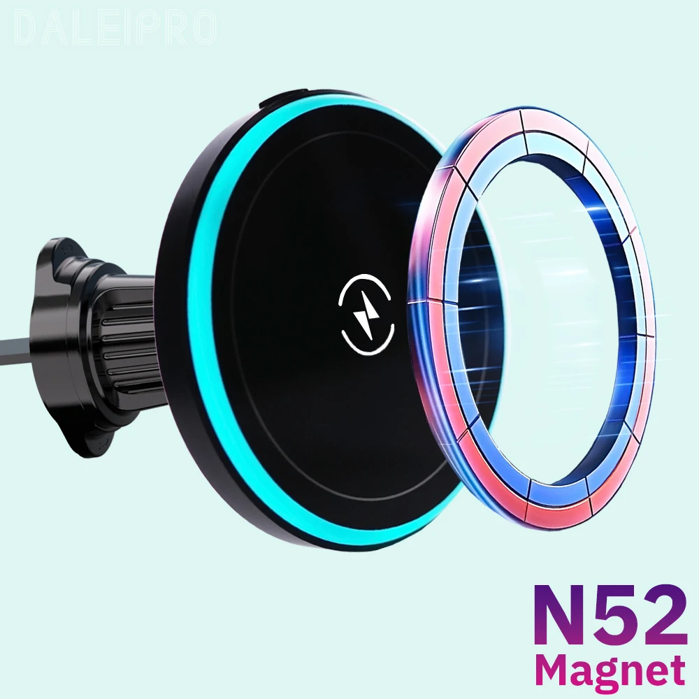 حامل هاتف مغناطيسي للسيارة 15 وات شاحن لاسلكي مغناطيسي للهاتف جبل RGB LED أضواء Magsafe شاحن آيفون وسامسونج وشاومي