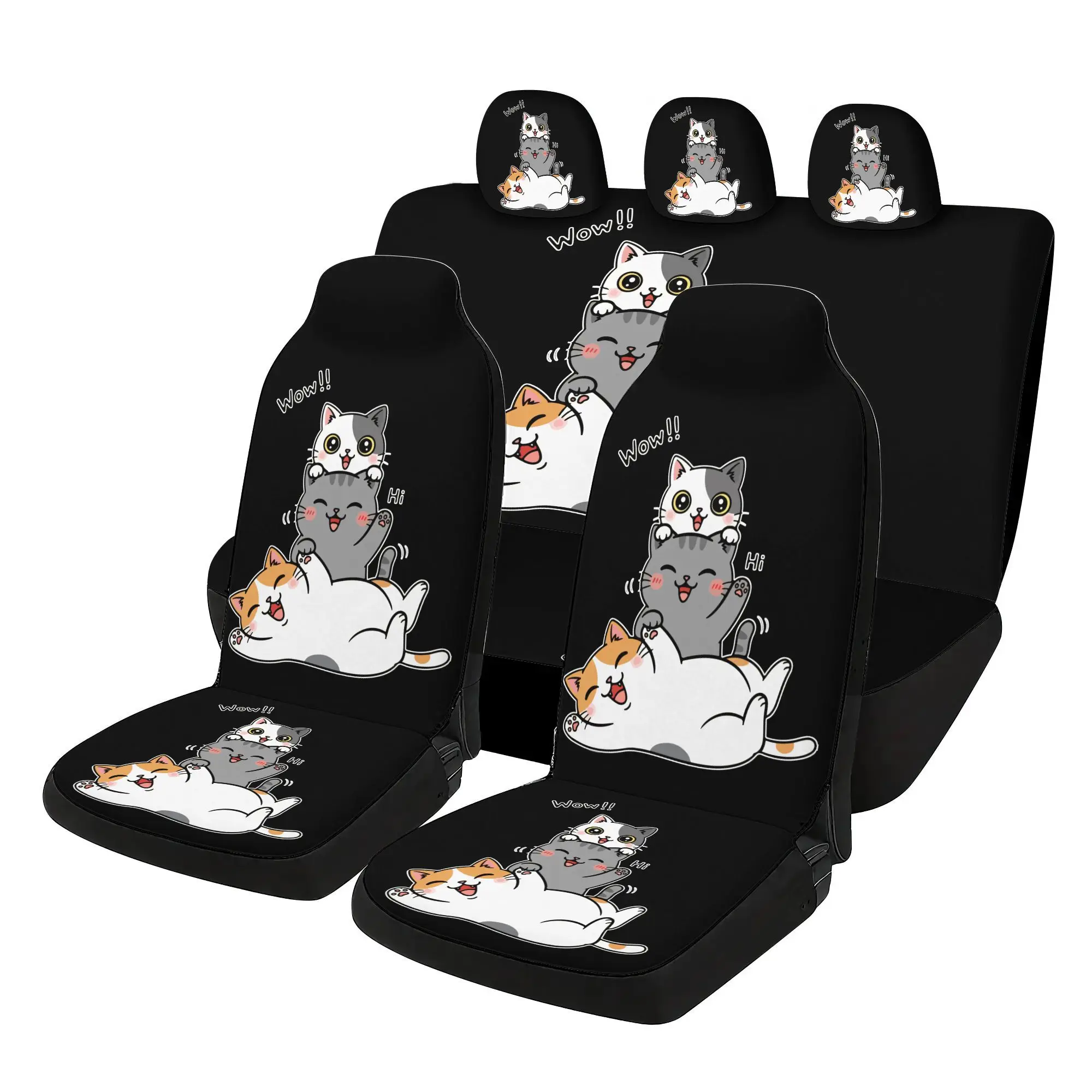 Juego de Fundas para Coche con Diseño de Gatos Divertidos - 7 Piezas, Incluye 2 Fundas Delanteras + 1 Funda Trasera + 1 Funda Trasera + 3 Fundas para Coche