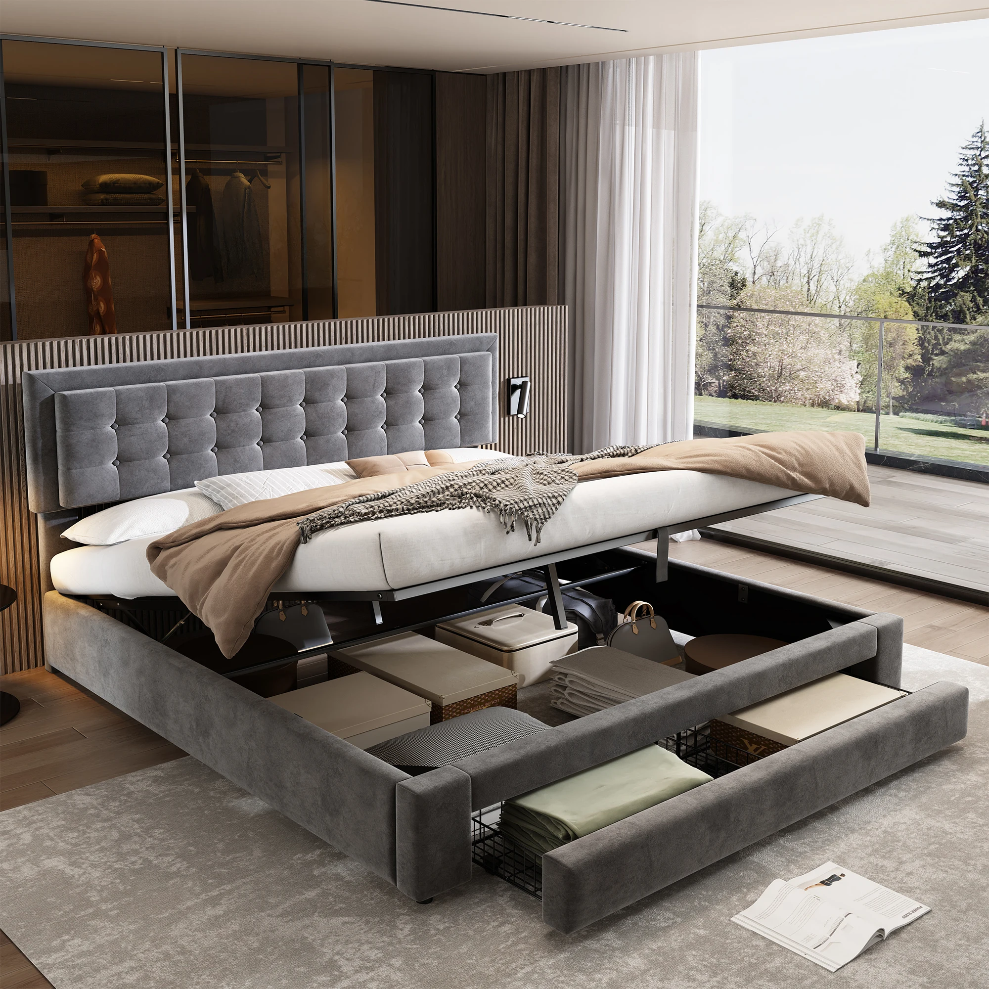 Lit coffre 160x200 cm - Lit coffre hydraulique avec 2 tiroirs et sommier à lattes en bois - Velours - Sans matelas - Gris