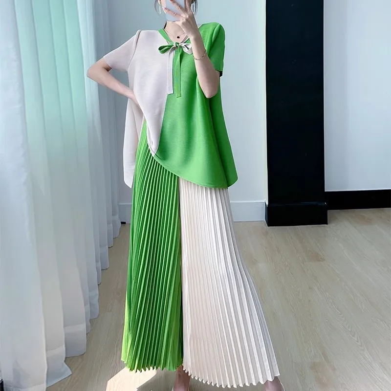 New Fashion Summer Contrast Color 2 Piece Set Women Lace Up V Neck Short Sleeve Loose Tops + Argyle Pleated Wide-Leg Pants Suits