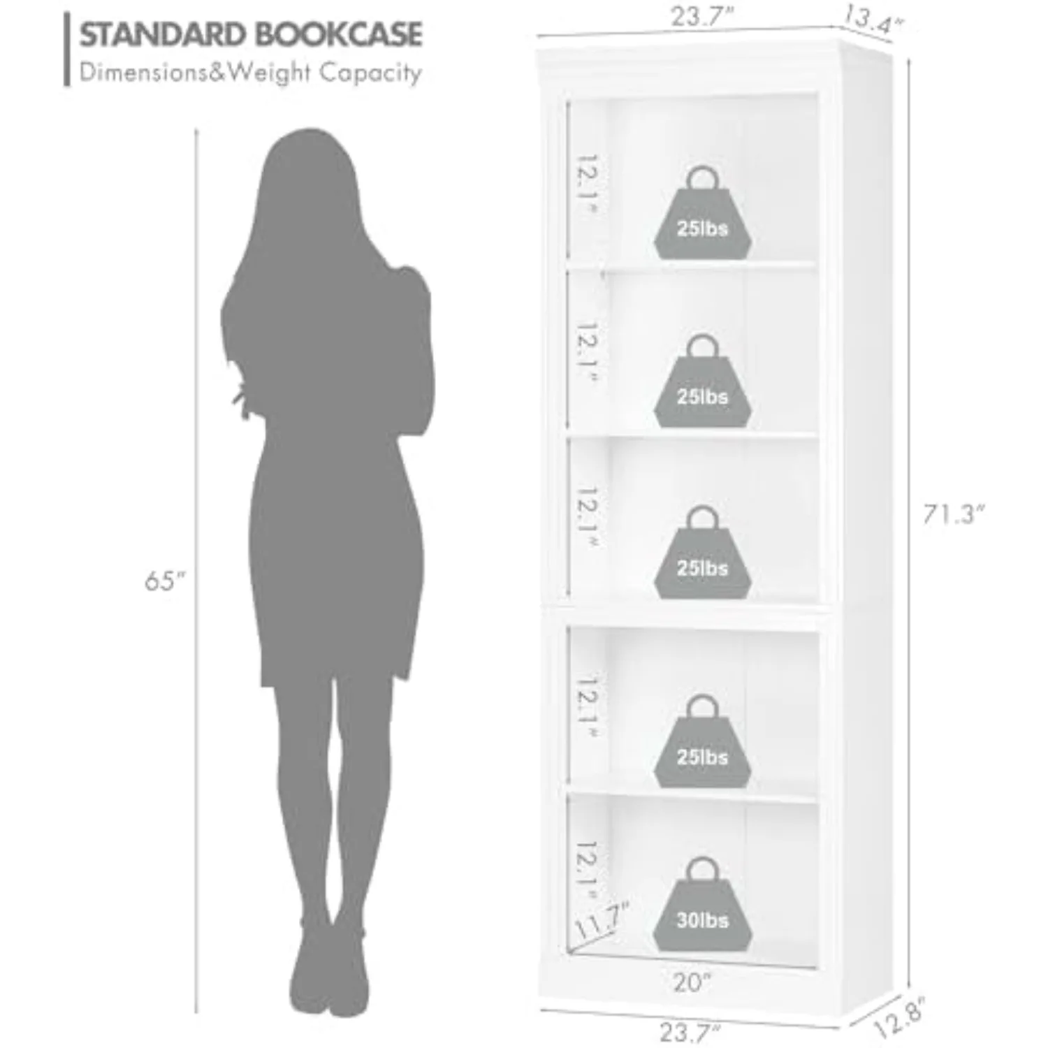 White Bookshelf, 5-Tier Tall Bookcase with Adjustable Shelves | 13.4-Inch Depth, Anti-Tip Device, Water-Based Finish