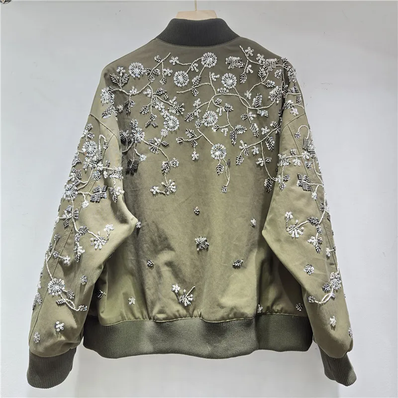 Jacket Women Embroidered Beads Coat Streetwear Zipper Stand Collar Jackets Female Outerwear Spring 2026 Moto Biker Overcoat