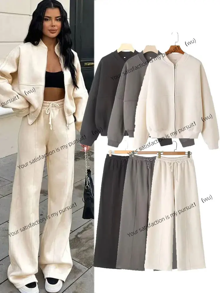

Women's vintage solid color zip-up bomber jacket, women's sweatshirt + high-waisted wide-leg lace-up pants, streetwear