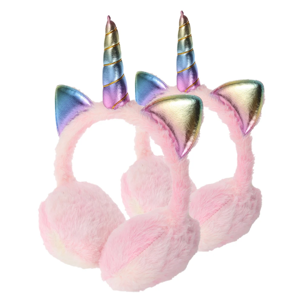 

2Pcs NEW Earmuffs Women Kids Girls Cute Unicorn Winter Warm Foldable Windproof Ear Warmer Earmuff For Indoor And Outdoor Pink