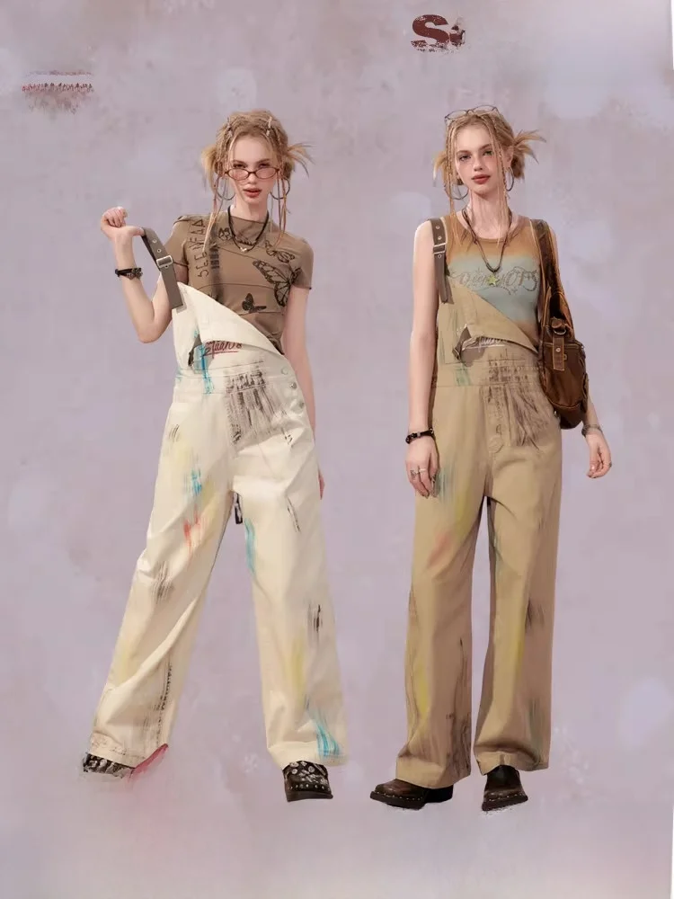 

SEENFAAN American Retro Workwear Denim Overalls Women's Summer New Print Strap Pants Street Sle mid Waist