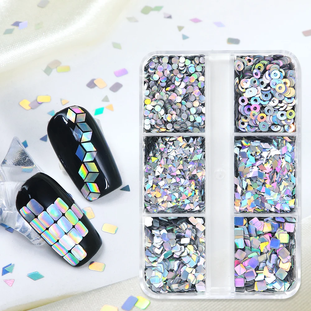 Holographic Silvery Geometry Nail Sequins Shiny Laser Round Triangle Square Rhombus Flakes Nail Design DIY Manicure Accessories