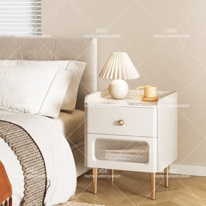 Modern Simple Slate Bedside Table Solid Wood Small Nightstand Narrow Side Cabinet for Bedroom Home Storage Light Luxury Style