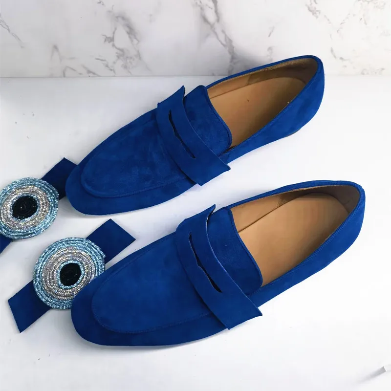 SHOOEGLE Suede Handmade Crystal Detachable Decoration Men's Loafers Office Business Dress Wedding Shoes Men Casual Single Shoes