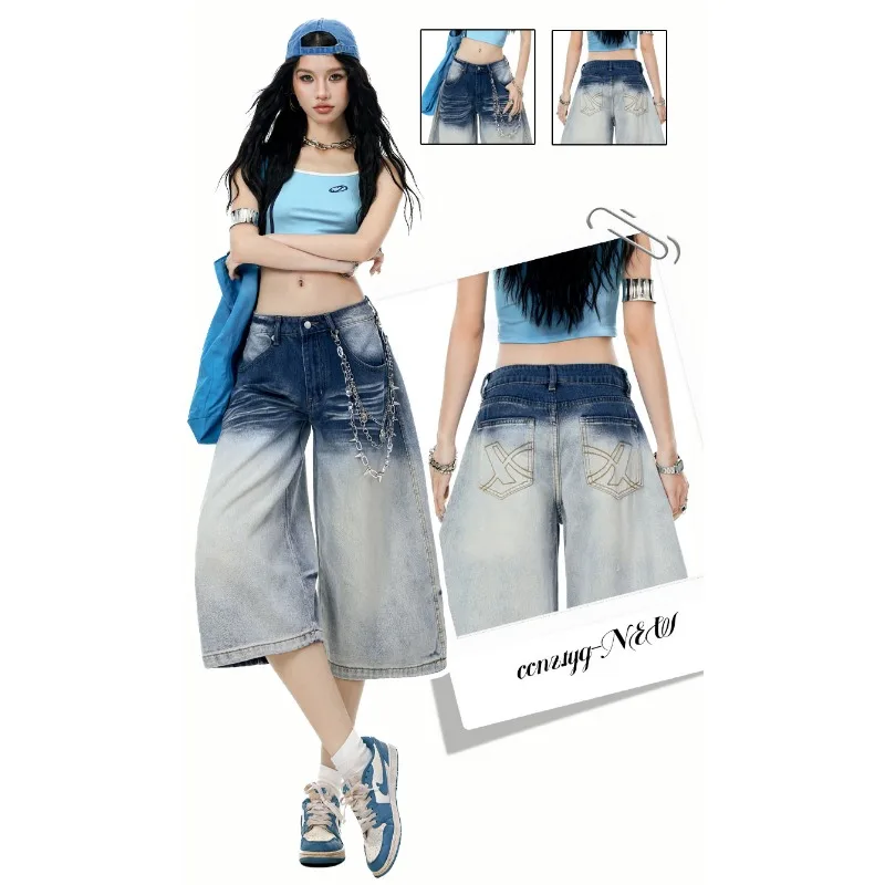 American High Street Women's Gradient Wash Curve Cropped Jeans Cat Whisker Wrinkle Wide Leg Capri Denim Y2K Casual Trousers
