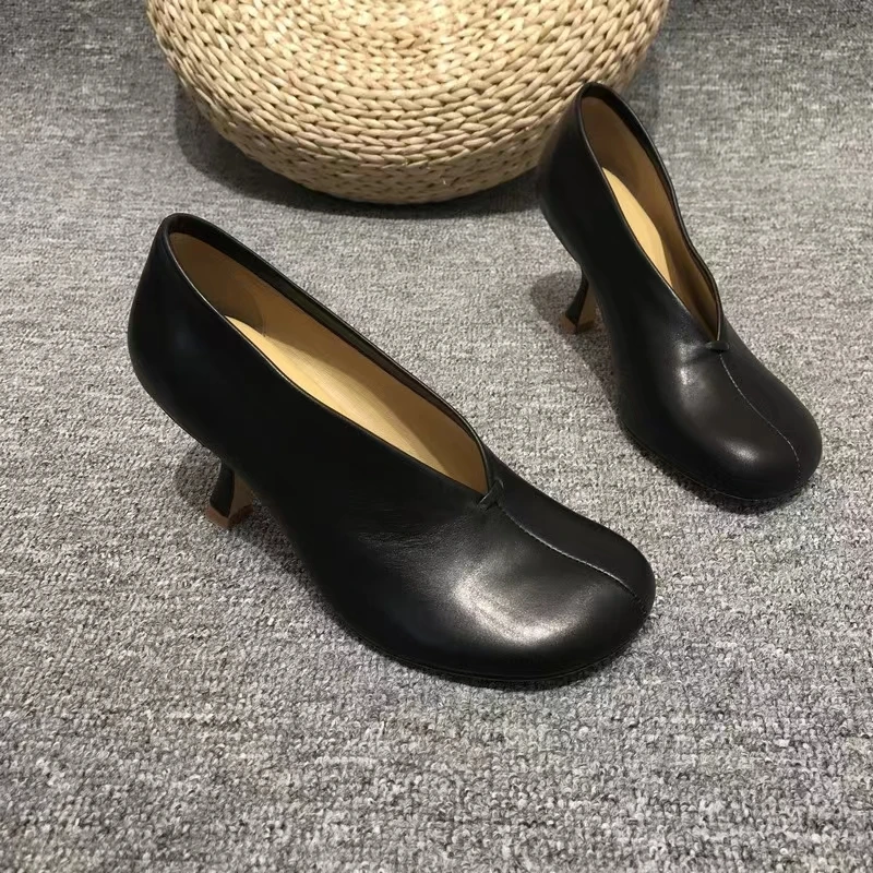 

Retro Square Toe Slip On Pumps Leather Spring High Heels Dress Commuting Stilettos Women Shoes