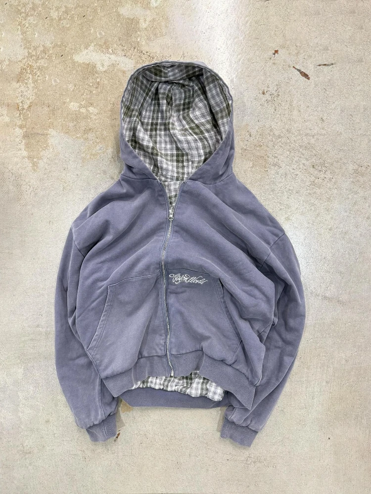 Harajuku Gothic Retro Style Zipper Double-Sided Hooded Sweatshirt Checkered Jacket Y2K Fashion Autumn/Winter Fashion Item