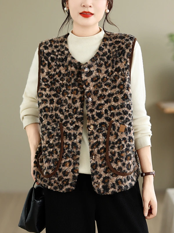 Retro Design Lamb Fur Vest Women's Fashion Color Block Leopard Print Warm Vest Autumn Winter New Style Commute Wind Girl