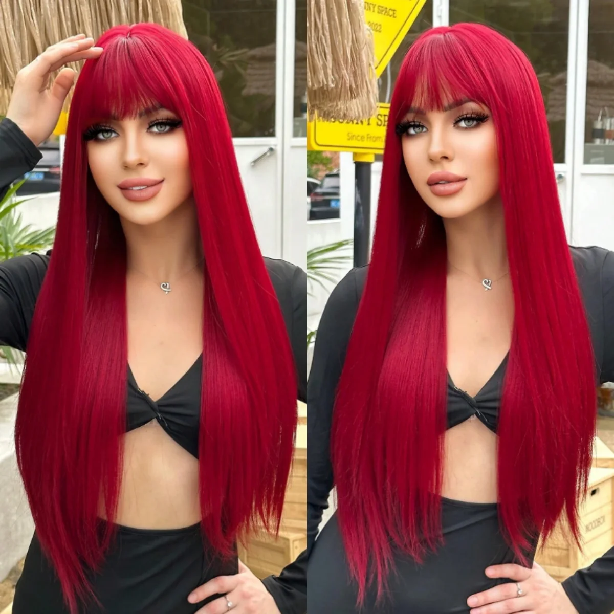 

HENRY MARGU красный длинный прямой синтетический парик с челкой бордовый красочный парик для косплея для женщин парики для Хэллоуина термостойкие