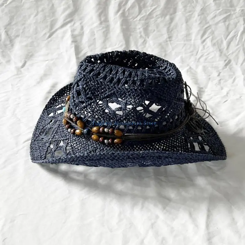 قبعة 97QE كاجوال من القش قابلة للتنفس مع حزام منسوج عرقي، قبعة شمسية واقية لعشاق الرياضة والمسافرين #3