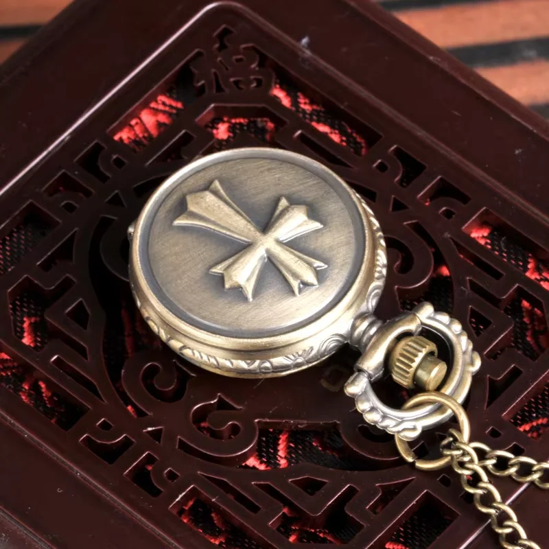 8925Classic antique small bronze solid cross pocket watch