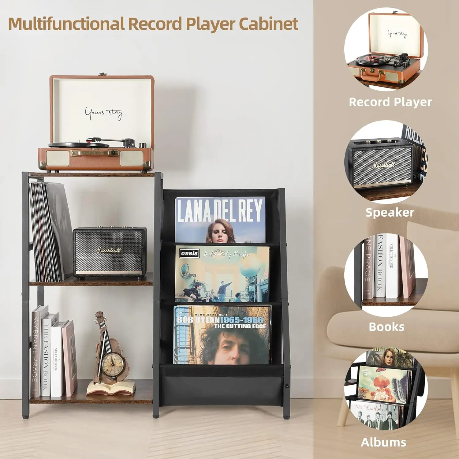 Record Player Stand Turntable Stand with 3-Tier Vinyl Record Storage Record Player Table Up to 200 Albums End Table