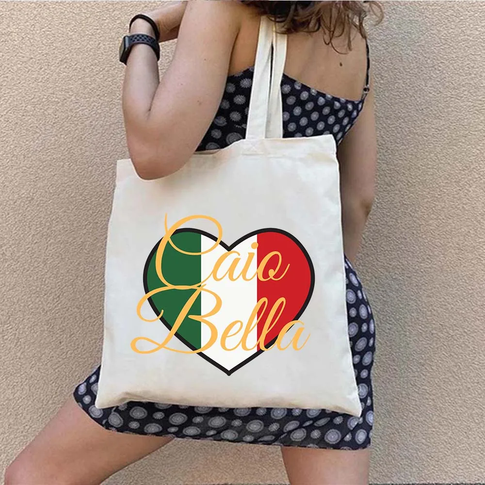 Italia Ciao Bella Pisa Roma Italia Bandiera italiana Palermo Puglia Sardegna Verona Turin Cotone Harajuku Canvas Tote Bag Borsa carina