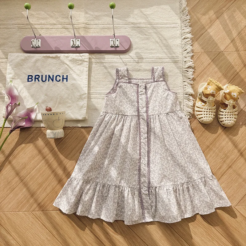 

New Arrival Toddler Girl Retro French Lace Edge Gown, Oriental Printed Tank Style Children Outfit for 90-140cm