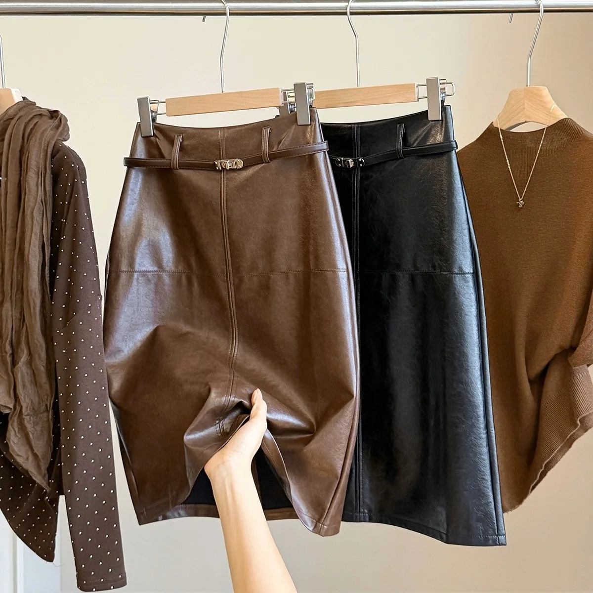 Seoulish Women PU Leather Skirts for Women 2026 Elegant Autumn High Waist Solid Office Lady Style Casual Midi Skirts with Belt