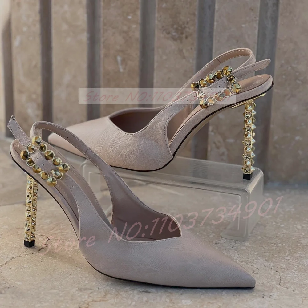 Gems Rivets Metal Heels Sandals Women SlingBack Crystal Buckle Pointed Toe Leather Shoes Ladies Sexy Party High Heels Sandals