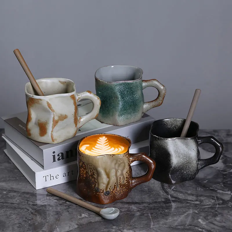 

Creative Rough Ceramic Irregular Twisted Mug, Retro Home Office Coffee Cup Tea Cup with Handle Multi-color Large Capacity Mug