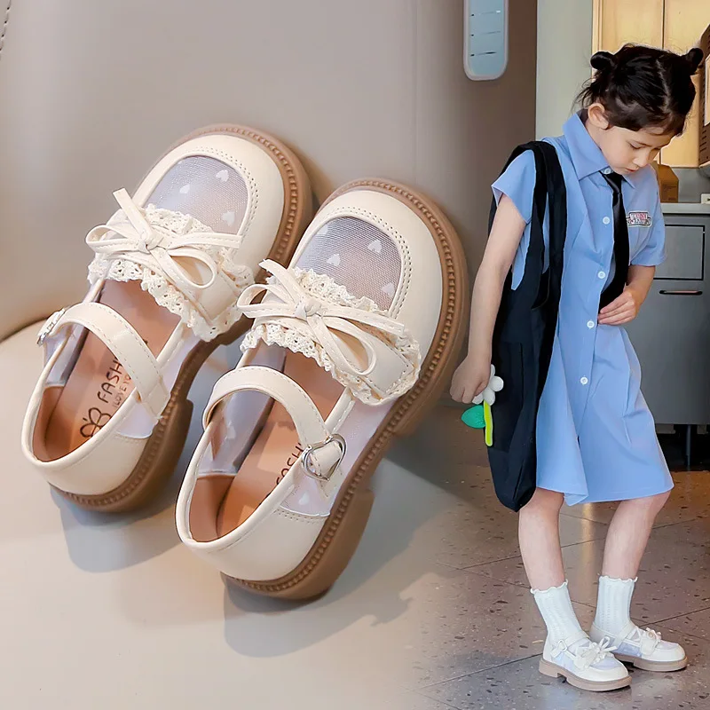 Princess shoes for girls2024Spring and Summer New Children's Shoes Little Girl Bow Soft Bottom Leather Shoes Mesh Shoes