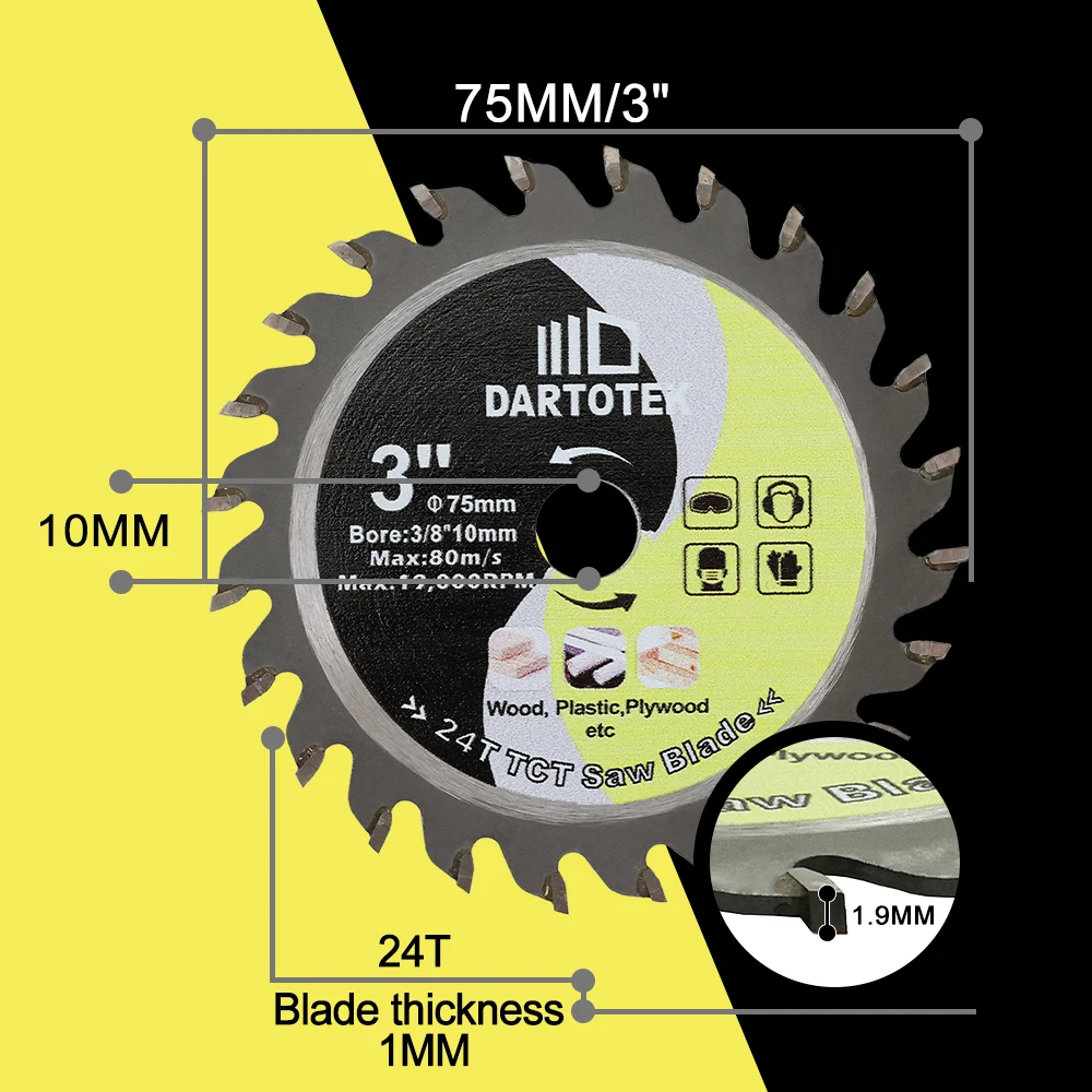 Imagem -06 - Dartotek-tct Disco de Corte de Madeira Circular Saw Blade Grupo Carpintaria Cortador Placa Serra Circularpvc Fiberboard Plástico Mini Disco Cortador 75 mm