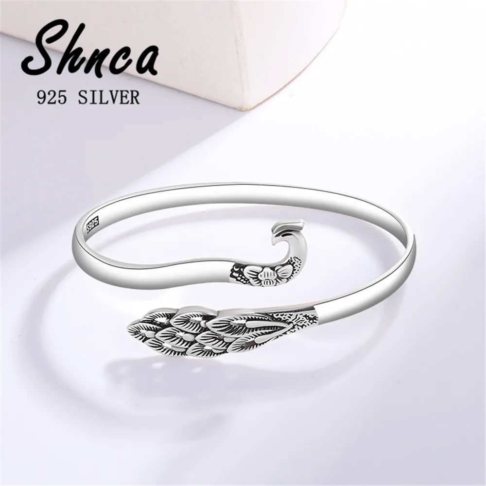 

New Handmade Pure 925 Sterling Silver Peacock Flaunting Tail Open Charms Bangles For Women Girl Sterling-Silver-Jewelry LB059