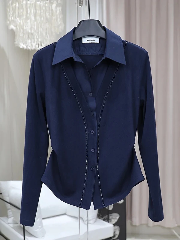 

plus Size Beautiful Waist-Cut Shirt Women's Fashion Spring Slimming Fake Two-Piece Long Sleeve Casual Style Casual Wind