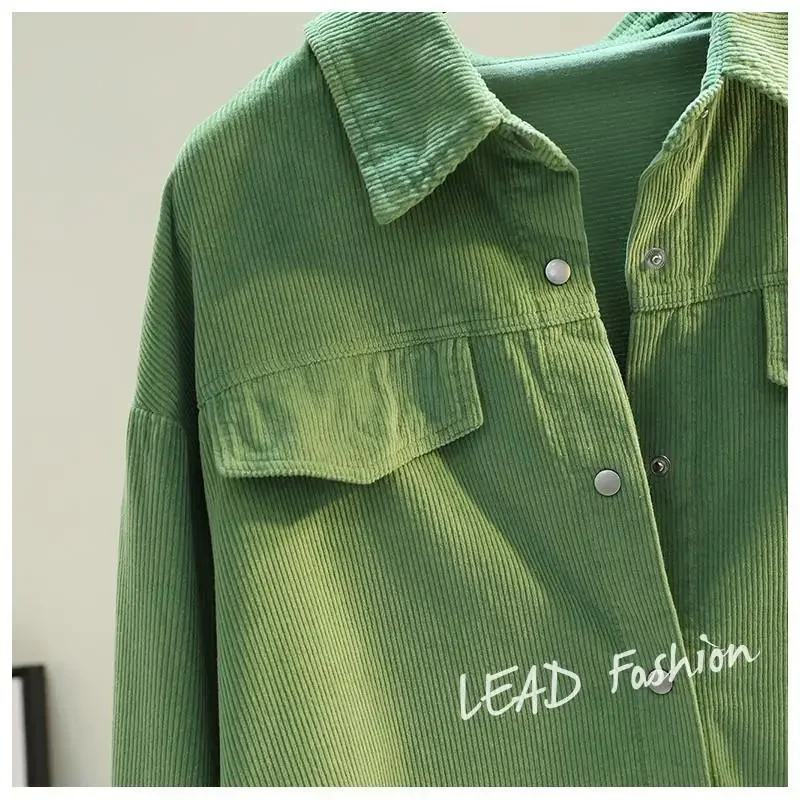 Women Shirt Blouse Avocado Green Corduroy Shirt Women's Autumn and Winter Double Pocket Shirt Coat Cardigan Blusas Mujer