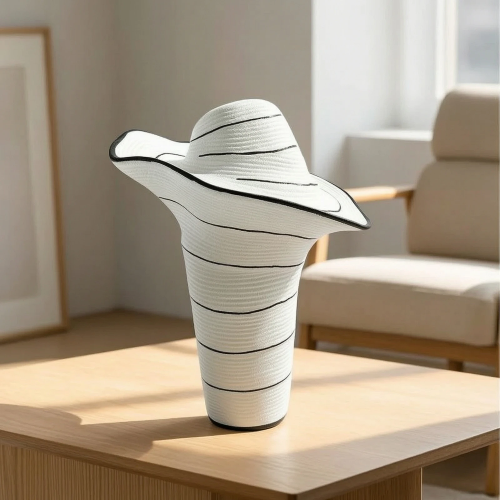 Hat-Shaped Vase Textured Vase with Black Stripe Flower Holder High-Contrast Nordic for Tabletop, Living Room