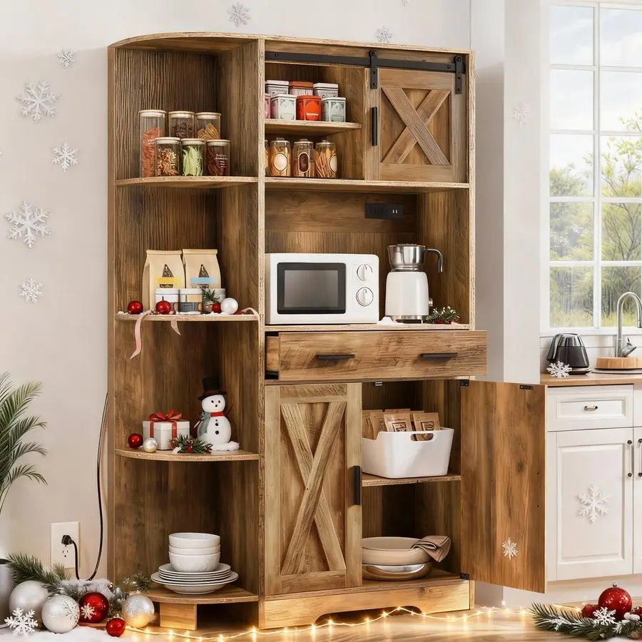 67.3 Farmhouse Kitchen Pantry, Storage Cabinet Baker Rack with Power Outlet, Freestanding Hutch with Barn Door amp Drawer, Buffe