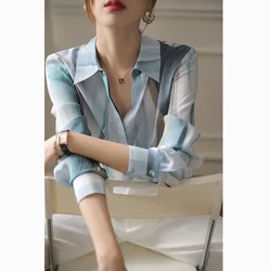 Fashion Button Printed Tie Dye Korean Striped Shirt Female Clothing Autumn Long Sleeve Casual Tops All-match Office Lady Blouse