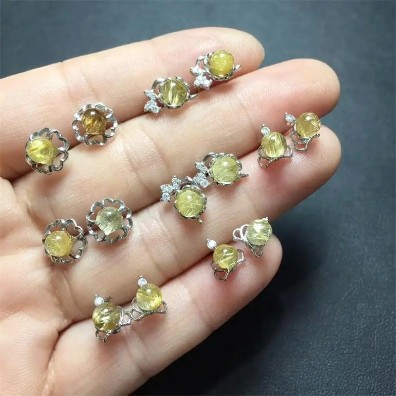 Natural Rutile Quartz Inlaid Stud Earrings Crystal Quartzs Round Ball Beads Silver Simple Refined Ear Jewlry For Women Girl 1pcs