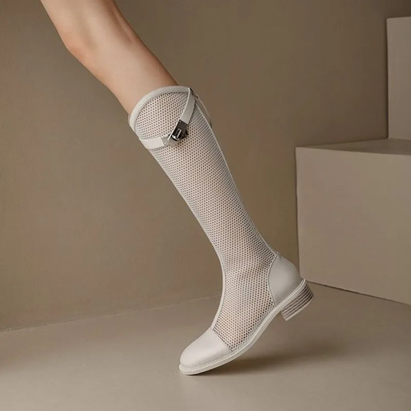 2024 Summer Women Knee-high Mesh Bota mouth Breathable Net Knight Boots Thick Bottom Hollow Shoes Chunky Low Heel Femininos