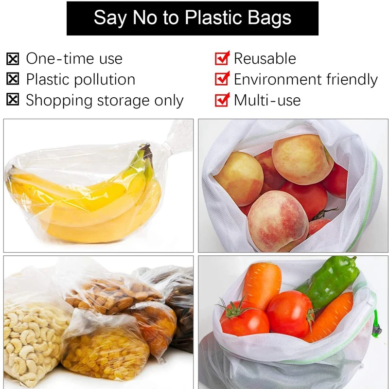 أكياس إنتاج شبكية قابلة لإعادة الاستخدام والغسيل ، خالية من النفايات الممتازة ، أكياس لتخزين الفواكه والخضروات