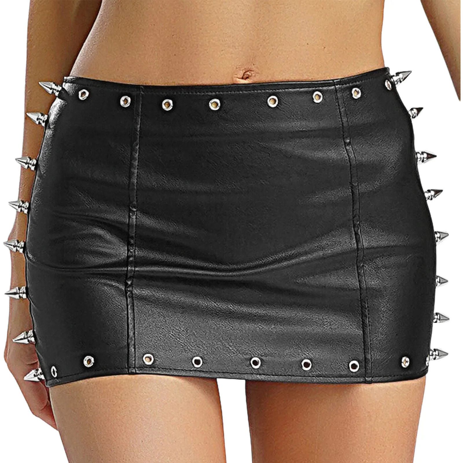 Women PU Leather Short Skirt Punk Stylish High Waist Hip Hugging Skirt Rivest Pockets Zipper A-line Skirt Mini Skirt Clubwear