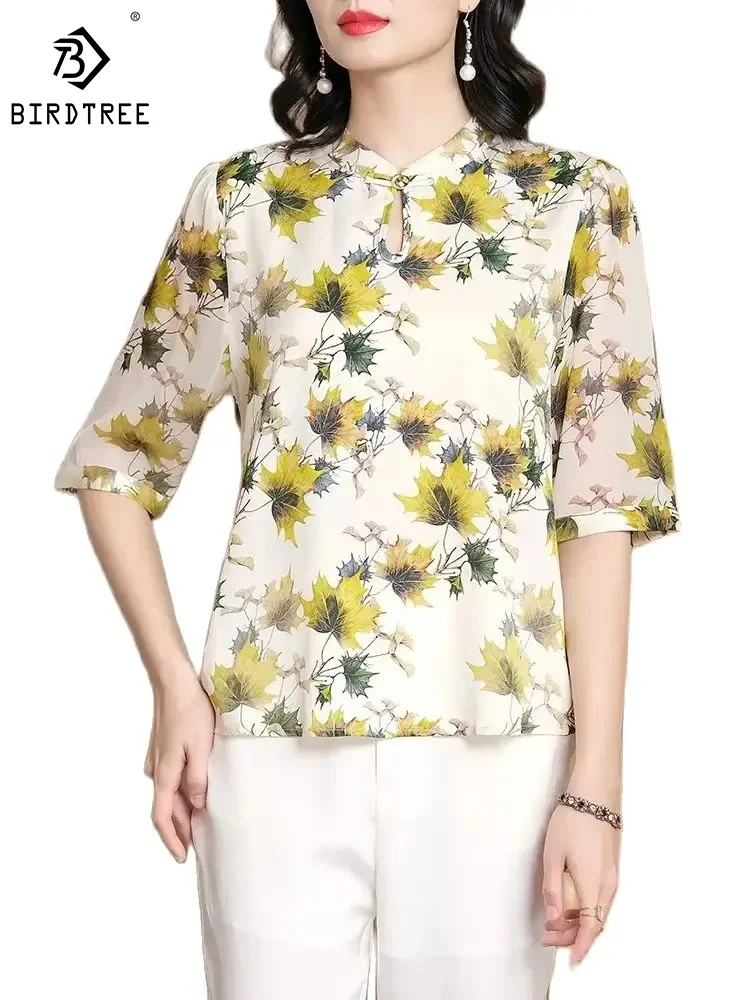 

BirdTree,Stand Neck Short Sleeve Floral,91% Mulberry Silk Shirt for Women,Retro OL Satin Blouse,2024 Spring Top,T42310QM