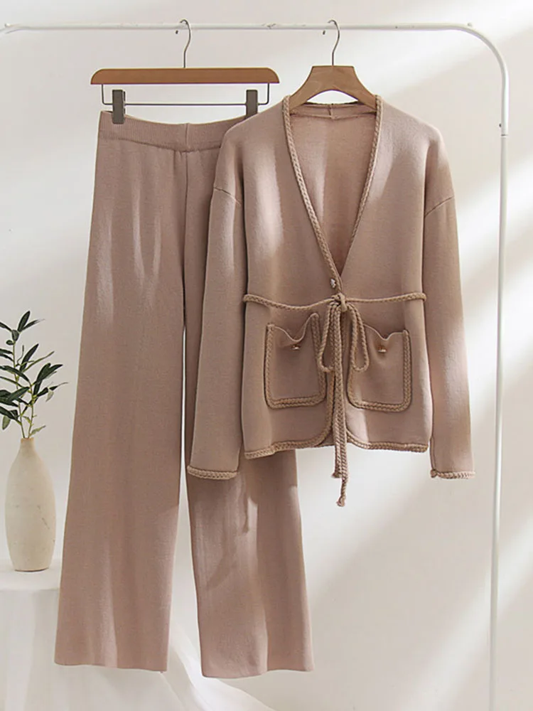 Elegant Knitted 2 Pieces Sets Women Long Sleeve Knit Cardigan Tops Belt Conjuntos Korean High Waist Wide Leg Pants Tracksuit New