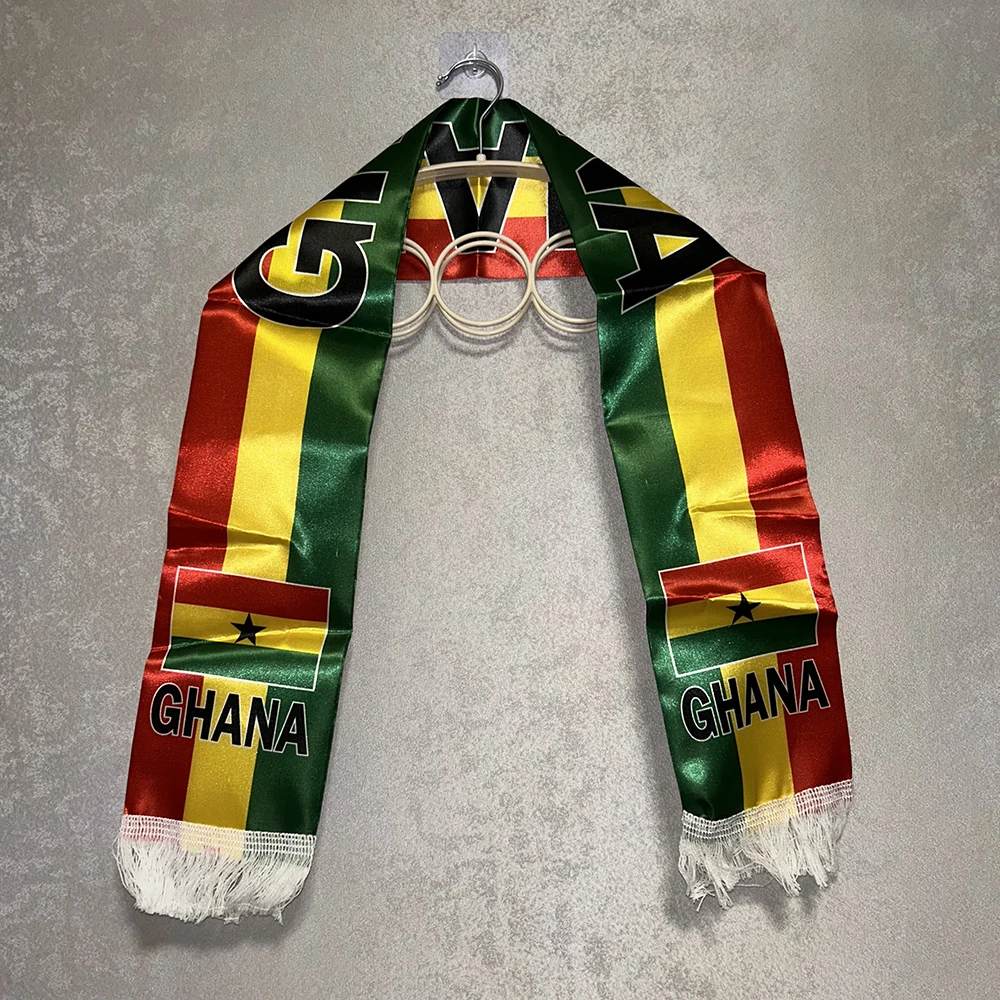 Bufanda de Ghana 12/14x135cm, Bufanda de Satén con Estampado de Doble Cara de la Bandera de Ghana, con Borlas, Ideal para la Copa de Fútbol 2026, Deportes, Eventos