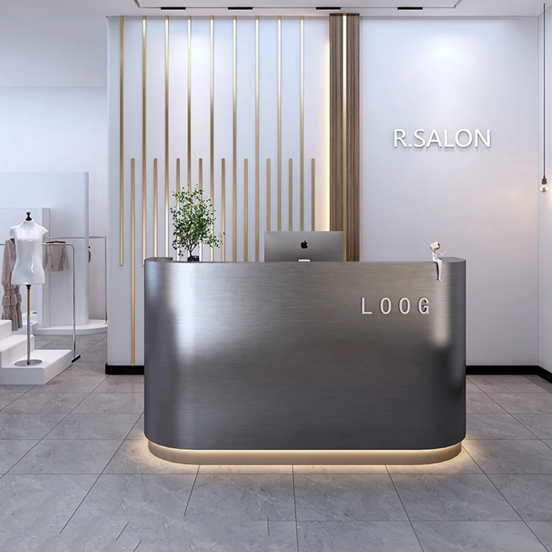 مكاتب الاستقبال في متجر الفولاذ المقاوم للصدأ، مكاتب الاستقبال ذات التصميم الحديث، عرض أثاث مكتب الأعمال