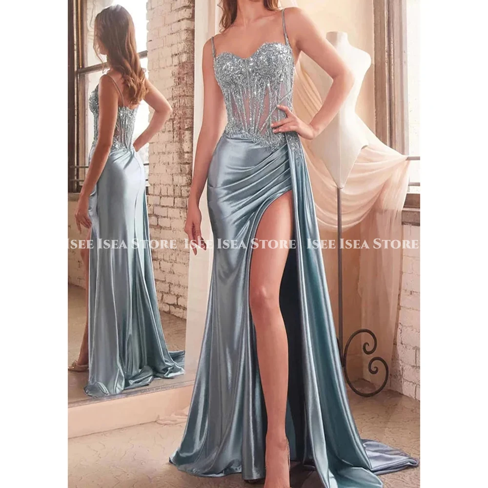 Funkelnde Abendkleider aus Satin, sexy Meerjungfrau, ärmellos, mit Perlen verziert, elegantes Spaghettiträger-Kleid mit hohem Schlitz, formelles Kleid nach Maß