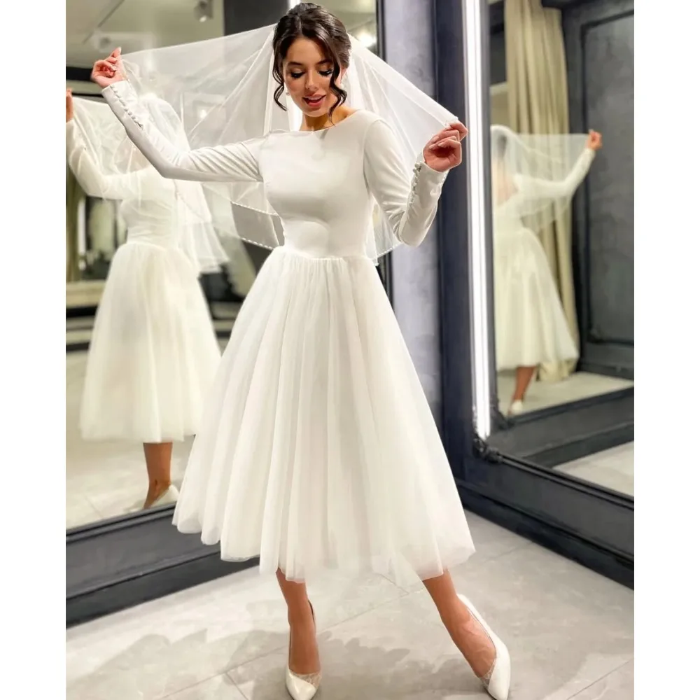 Elegant O-Neck Short Wedding Dresses Long Sleeves Tulle Skirt  A-Line Zipper Bridal Gown Vestido de novia Tea Length for Women