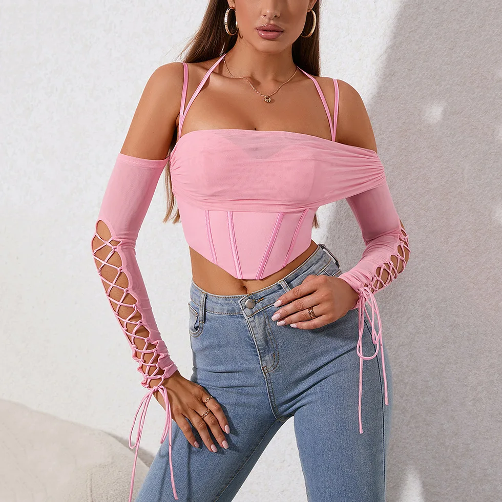 Suninheart Sexy Off The Shoulder Top Women 2024 New in Hollow Out  Long Sleeved Corset Top Casual Party Clubwear