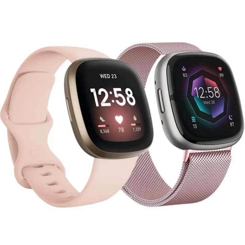2 Stück Uhrenarmbänder für Fitbit Versa 3/Fitbit Versa 4, Silikon + Metallband für Fitbit Sense, Fitbit Sense 2 Armband