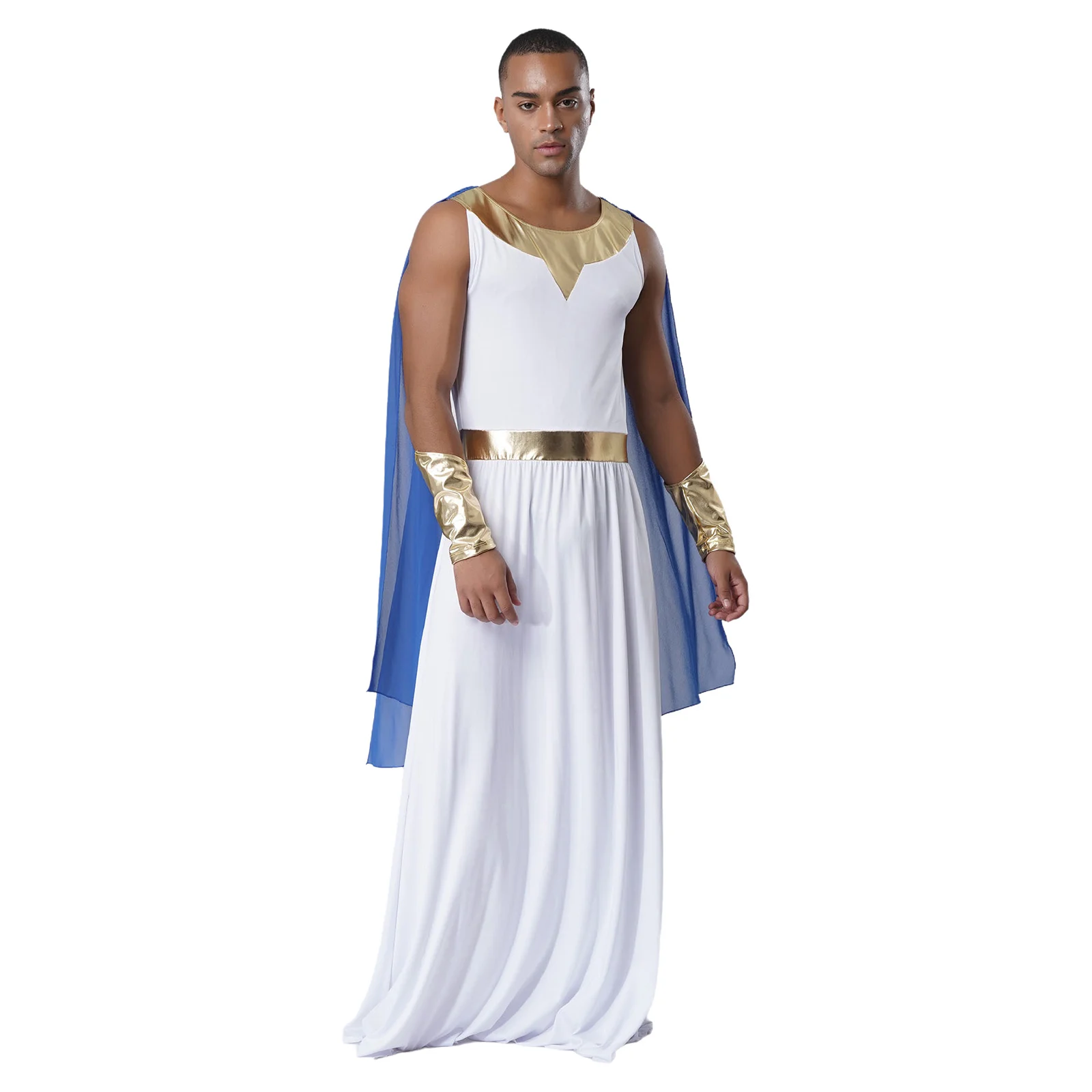

Men Royal Nobility Toga Outfit Round Neck Sleeveless Metallic Trim Robe Halloween Rave Themed Party Prince Cosplay Costume
