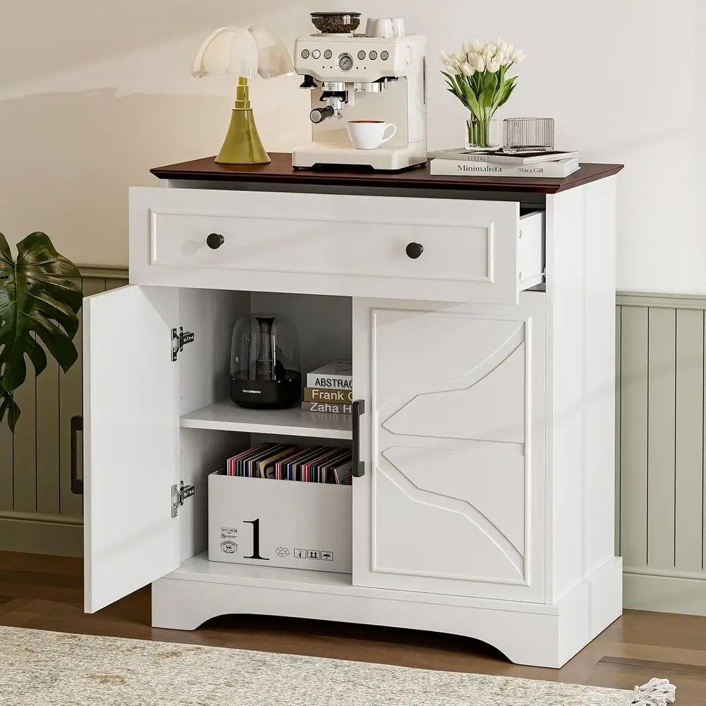 

White Storage Cabinet with Coffee Bar and Adjustable Shelves for Kitchen and Living Room
