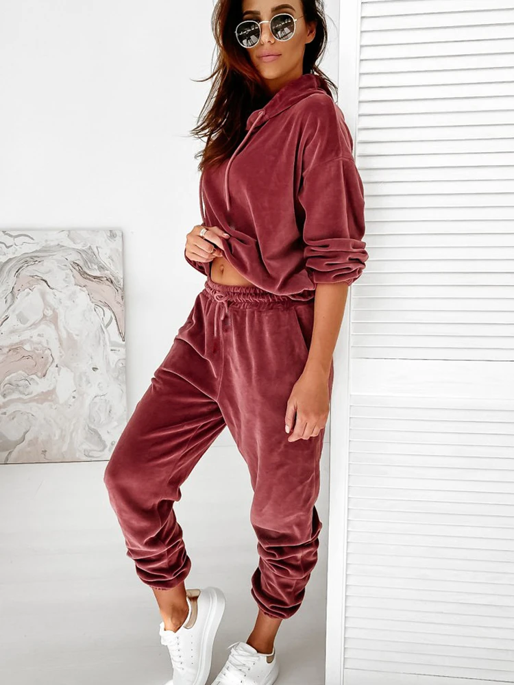 Velour Two Piece Sets Women Tracksuit Velvet Pant Sets Woman  Solid Top and Pants Suit Fashion Streewear Conjuntos De Mujer 2021