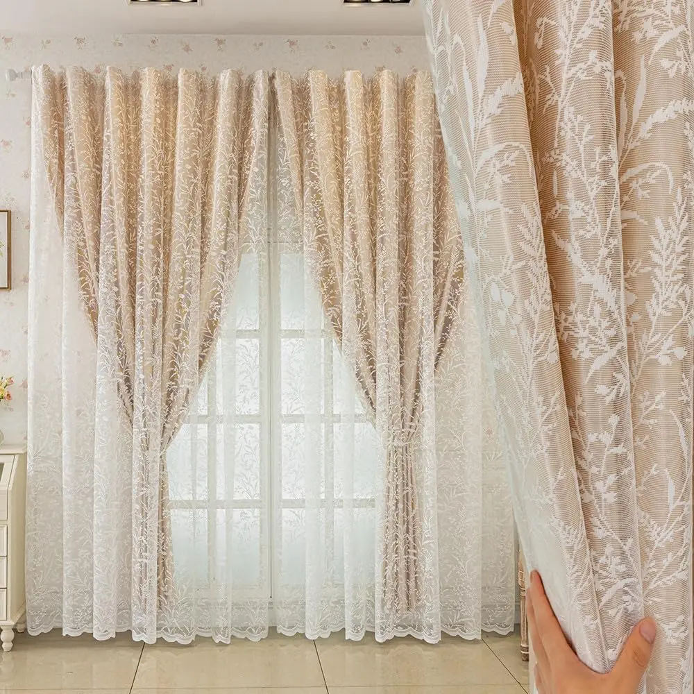 1 Panel Double Layer Curtain for Living Room Bedroom Luxury Wheat Ear Embroidered Curtain