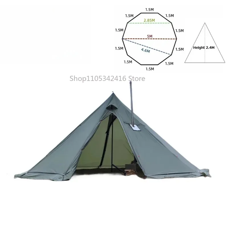 Upgraded 5M Pyramid Tent with Chimney Hole & Snow Skirt, Oversized Outdoor Camping Hiking Shelter for Family Travel Use
